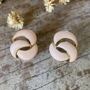 Trifari Vintage Enamel Stud Earrings Designer Stamped Classic Light Pale Neutral